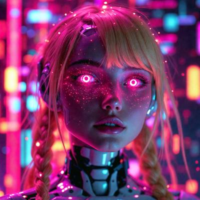 The primary subject of the image is a woman with pink eyes and a pink nose. She is wearing a futuristic outfit and has a ponytail. The setting is a colorful background with a mix of pink and purple hues. The visual style is a combination of photo and digital art, creating a unique and eye-catching image. The overall atmosphere is vibrant and captivating, with the woman's pink eyes and nose drawing attention to her striking appearance.